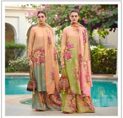 Fawn and Green Coloured Modal Satin Digital Printed Fabric
