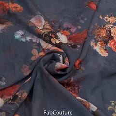 Dark Grey Colour Floral Georgette Printed Fabric