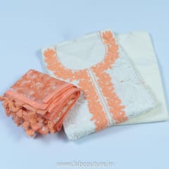 Off White Cotton Embroidered Suit With Cotton Bottom And Net Embroidered Dupatta