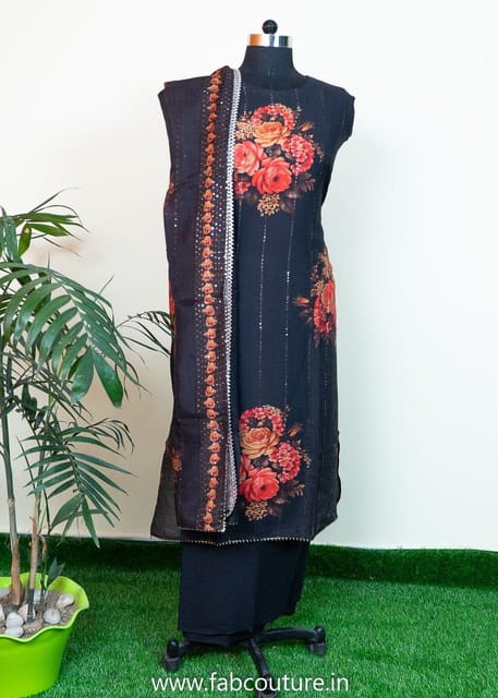 Black Muslin Embroidered Suit With Cotton Bottom And Muslin Dupatta