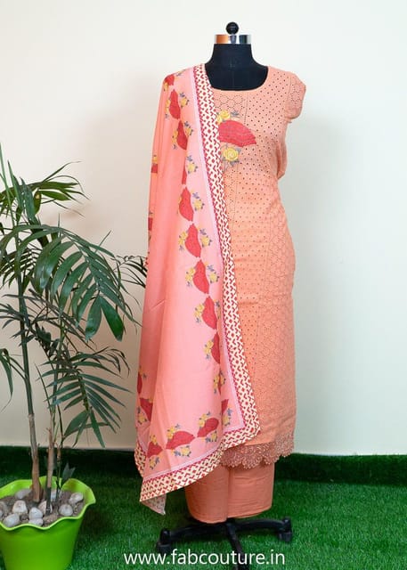 Peach Cotton Embroidered Suit With Cotton Bottom And Muslin Dupatta