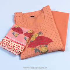 Peach Cotton Embroidered Suit With Cotton Bottom And Muslin Dupatta