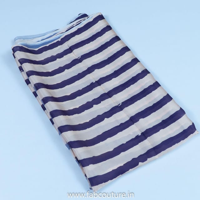 Cream & Purple Stripes Georgette Satin Printed Fabric