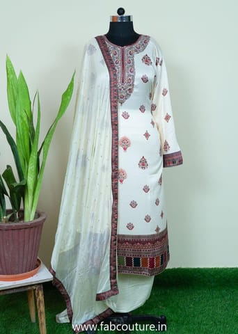 Cream Color Satin Printed Suit With Cotton Bottom And Printed Chiffon Dupatta