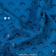Teal Green Color Rayon Chikan Embroidered Fabric