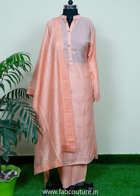 Peach Chanderi Embroidered Suit With Cotton Bottom And Chanderi Dupatta