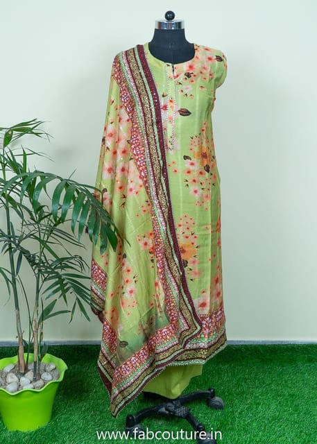 Green Muslin Printed Suit With Cotton Bottom And Muslin Printed Dupatta