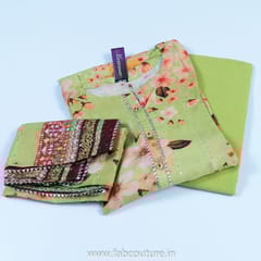 Green Muslin Printed Suit With Cotton Bottom And Muslin Printed Dupatta