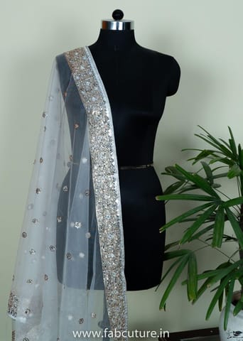 White Dyeble Net Embroidered Dupatta