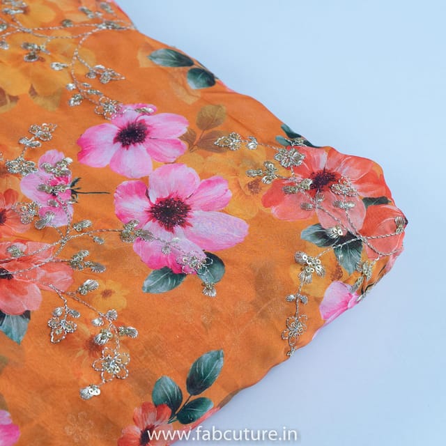 Mustard Color Tabby Silk Print With Embroidered Fabric