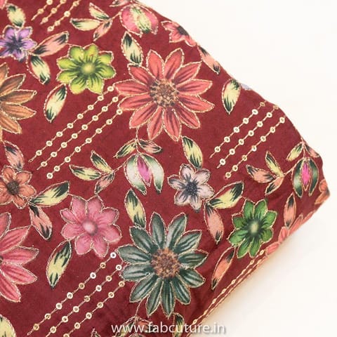 Marron Upada Print N Embroidered Fabric