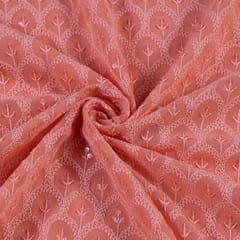 Peach Color Georgette Chikan Embroidered Fabric