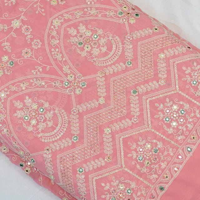 Pink Georgette Sequins Thread Embroidered Fabric