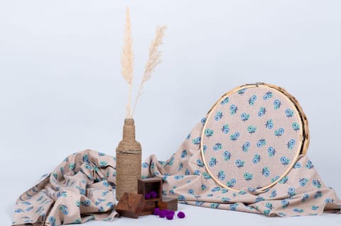 Blonde with small blue sunflowers Glazed Cotton Jacquard Fabric