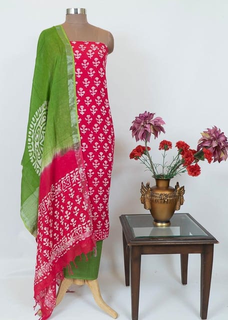 Rani Cotton Batik Printed Suit With Printed Cotton Dupatta And Green Cotton Bottom