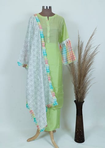 Lime Green Color Muslin Kurta With Plain Pant And Printed Dupatta