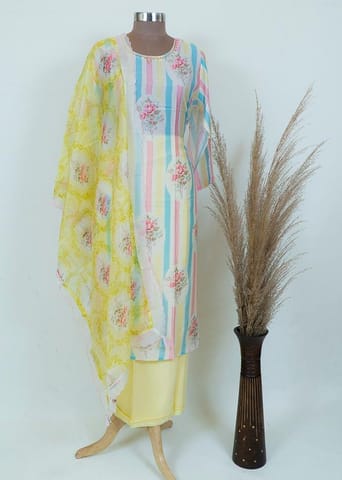 Lemon Color Printed Muslin Kurta With Shantoon Bottom And Organza Dupatta