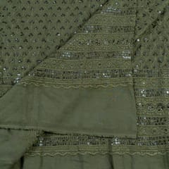 Mehndi Color Rayon Chikan Embroidered Fabric