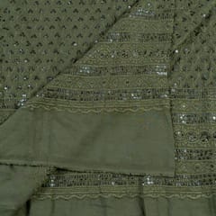Mehndi Color Rayon Chikan Embroidered Fabric