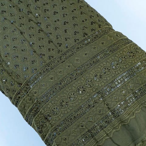 Mehndi Color Rayon Chikan Embroidered Fabric