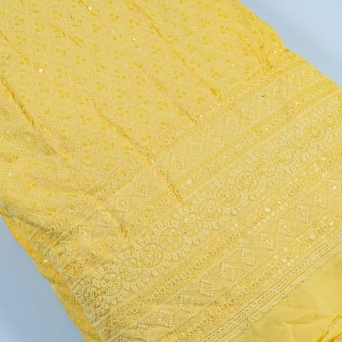 Yellow Color Rayon Chikan Embroidered Fabric