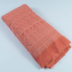 Dark Peach Color Georgette Chikan Embroidered Fabric With Sequins
