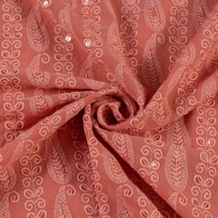 Dark Peach Color Georgette Chikan Embroidered Fabric With Sequins