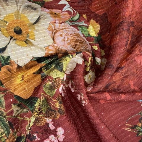 Maroon Chinon Chiffon Print With Embroidery(90Cmt Piece)