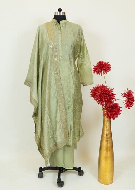 Lime Green Chanderi Embroidered Shirt With Cotton Lower and Chanderi Dupatta