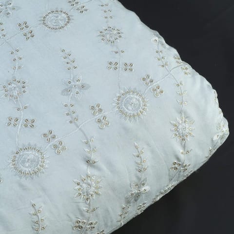 White Color Dyeable Muslin With Thread and Sequin Embroidered Fabric