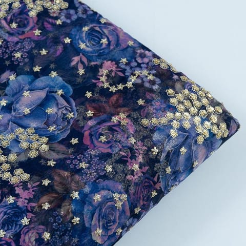 Purple Color Printed Organza with Embroidered Fabric