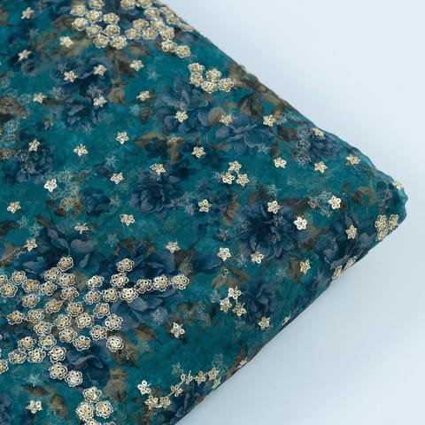 Firozi Color Printed Organza with Embroidered Fabric