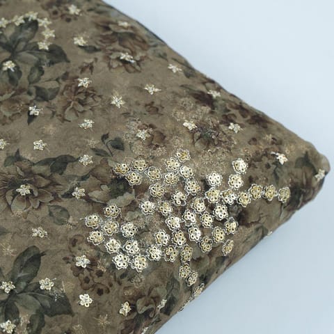 Green Color Printed Organza with Embroidered Fabric