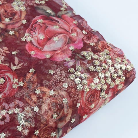 Red Color Printed Organza with Embroidered Fabric