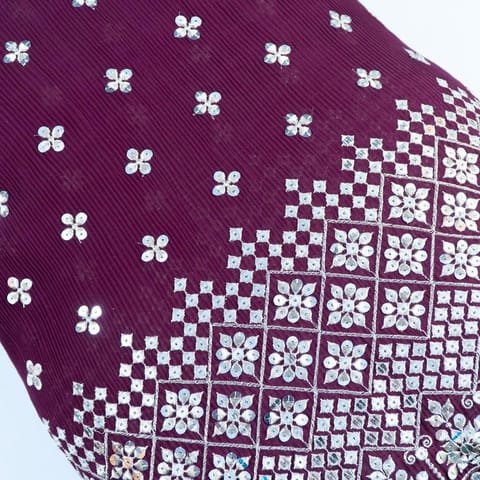 Wine Color Pleated Georgette Embroidered Fabric