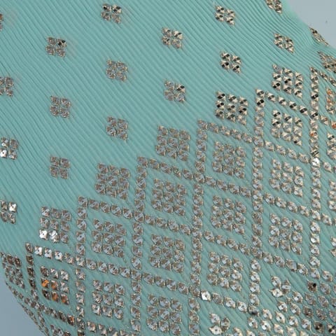 Sea Green Color Georgette Pleat Embroidered Fabric
