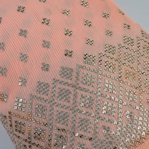 Peach Color Georgette Pleat Embroidered Fabric