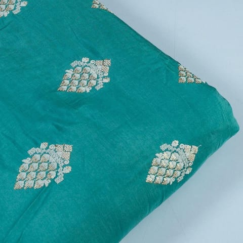 Green Color Muslin Embroidered Fabric