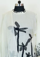 White Muslin Printed Embroidered Shirt With Black Cotton Lower And Off White Chiffon Dupatta