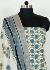 White And Blue Color Cotton Printed Shirt With Cotton Printed Lower And Cotton Printed Dupatta