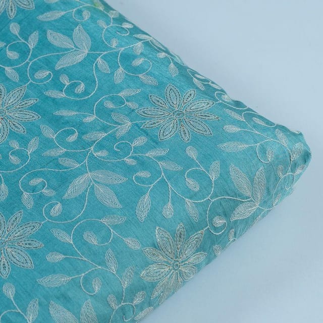 Firozi Color Dola Silk Embroidered Fabric(1.25Meter Piece)