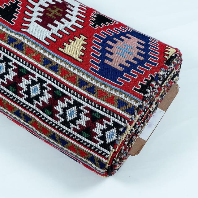 RED  WITH MULTICOLOR DESIGN JACQUARD fabric