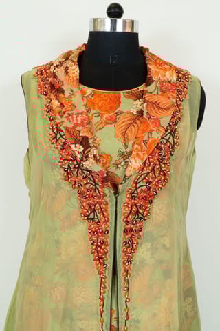 Green Color Viscose Organza Embroidered Jacket with Green Chinon Chiffon Printed Top with Rayon Palazzo