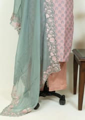 Peach Color Chanderi Printed Embroidered Shirt with Pant and Viscose Organza Embroidered Dupatta