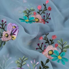 Grey Color Georgette Thread Embroidered Fabric