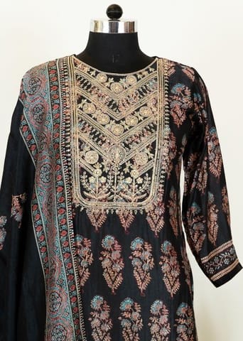 Black Color Dola Silk Printed and Embroidered Shirt with Dola Silk Pant and Dola Silk Dupatta
