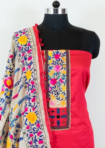 Majenta Color Jam Silk Embroidered Shirt with Zam Silk Bottom and Tissue Chanderi Kantha Embroidered Dupatta