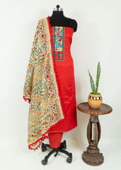 Red Color Jam Silk Embroidered Shirt with Zam Silk Bottom and Tissue Chanderi Kantha Embroidered Dupatta