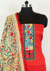 Red Color Jam Silk Embroidered Shirt with Zam Silk Bottom and Tissue Chanderi Kantha Embroidered Dupatta