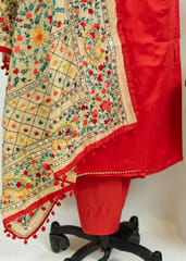 Red Color Jam Silk Embroidered Shirt with Zam Silk Bottom and Tissue Chanderi Kantha Embroidered Dupatta